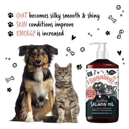 Bugalugs Salmon Oil 500Ml 100% Pure Oil for Dogs, Cats & Ferrets, Omega 3, 6 & 9