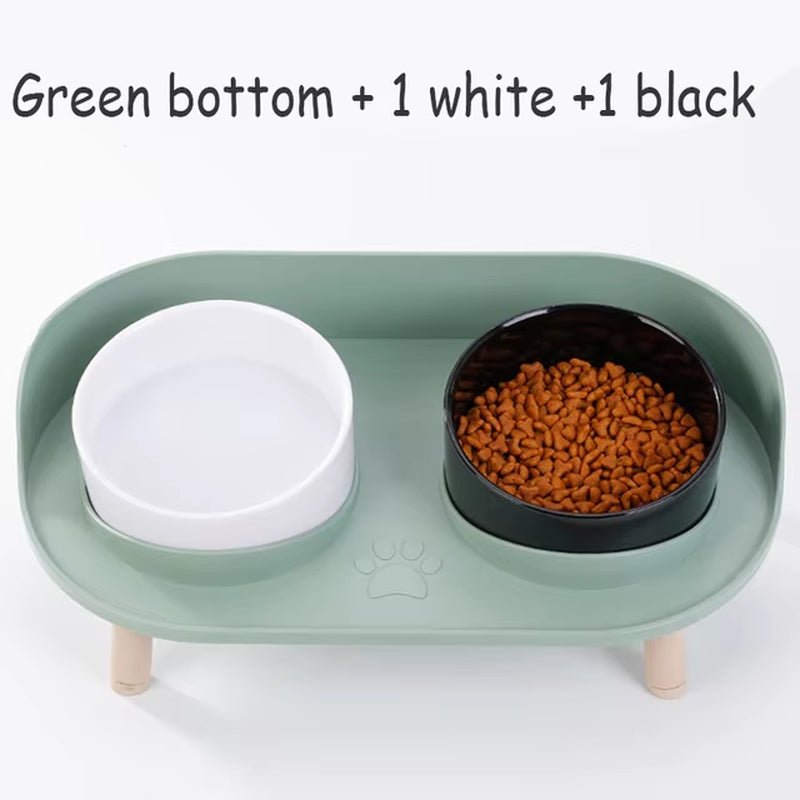 Cat Double Bowl Safety with Wood Stand and Silicone Mat Kitten Puppy Food Water Feeding Elevated Dish Dog Supplies Spill-Proof