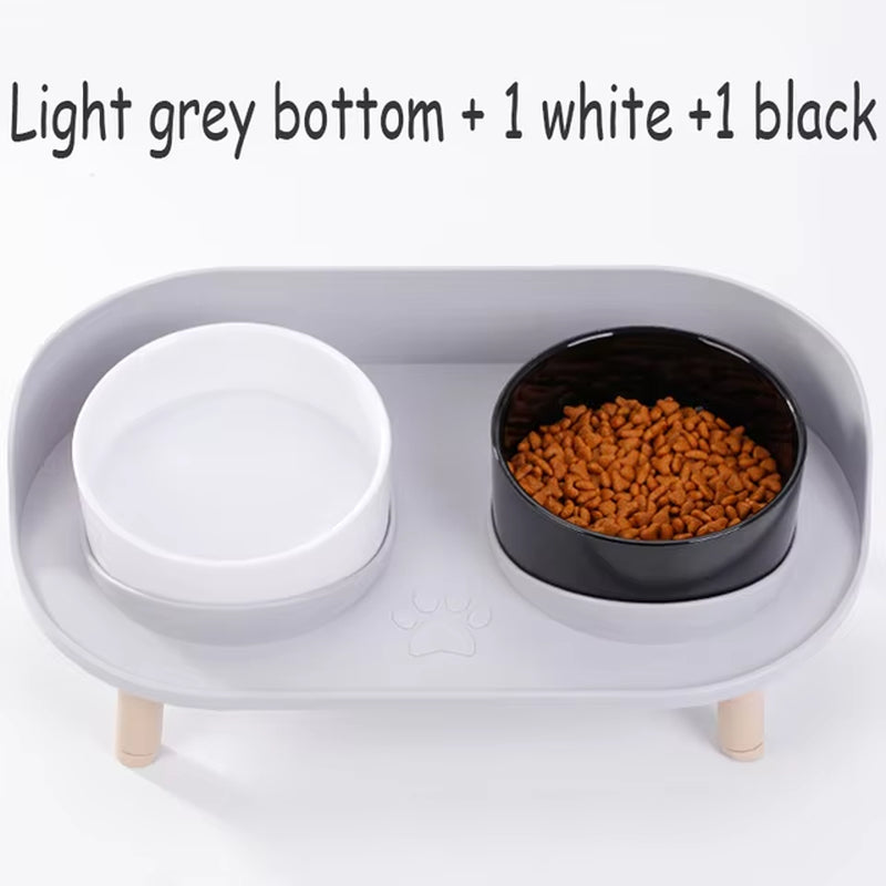 Cat Double Bowl Safety with Wood Stand and Silicone Mat Kitten Puppy Food Water Feeding Elevated Dish Dog Supplies Spill-Proof