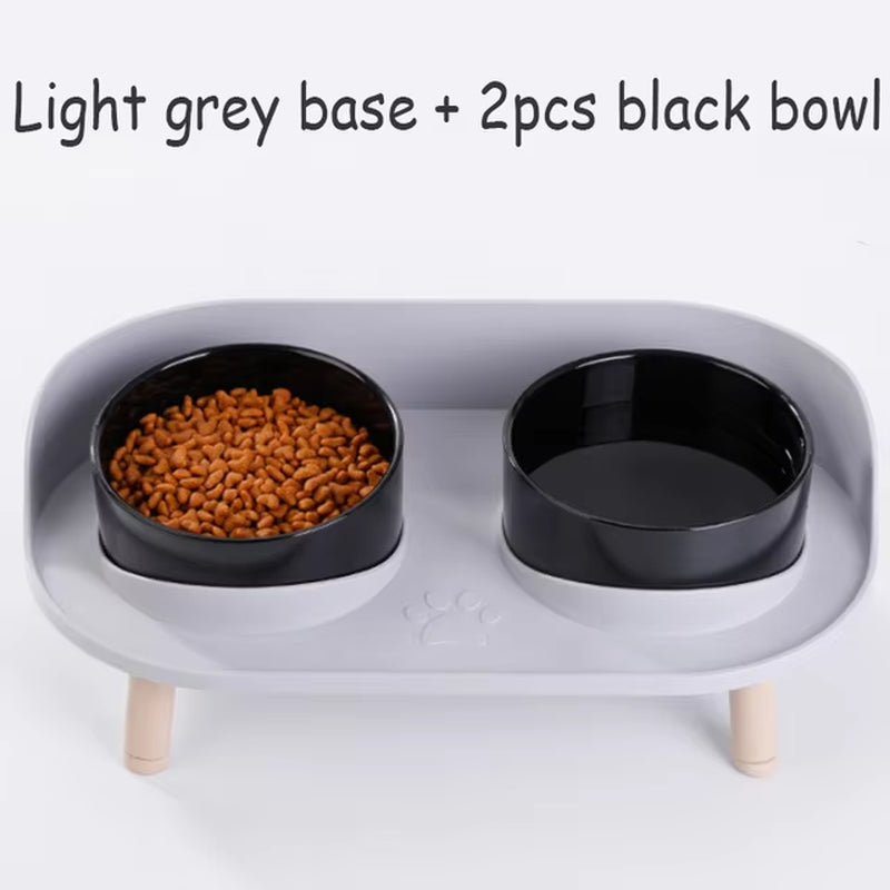 Cat Double Bowl Safety with Wood Stand and Silicone Mat Kitten Puppy Food Water Feeding Elevated Dish Dog Supplies Spill-Proof