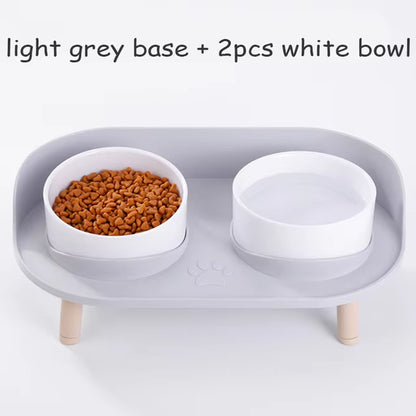 Cat Double Bowl Safety with Wood Stand and Silicone Mat Kitten Puppy Food Water Feeding Elevated Dish Dog Supplies Spill-Proof