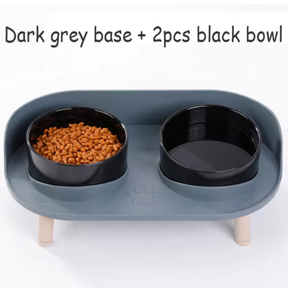 Cat Double Bowl Safety with Wood Stand and Silicone Mat Kitten Puppy Food Water Feeding Elevated Dish Dog Supplies Spill-Proof