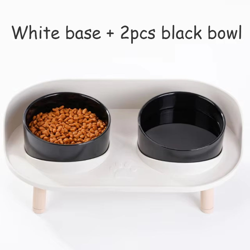 Cat Double Bowl Safety with Wood Stand and Silicone Mat Kitten Puppy Food Water Feeding Elevated Dish Dog Supplies Spill-Proof