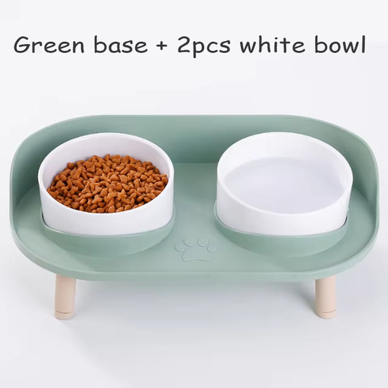 Cat Double Bowl Safety with Wood Stand and Silicone Mat Kitten Puppy Food Water Feeding Elevated Dish Dog Supplies Spill-Proof