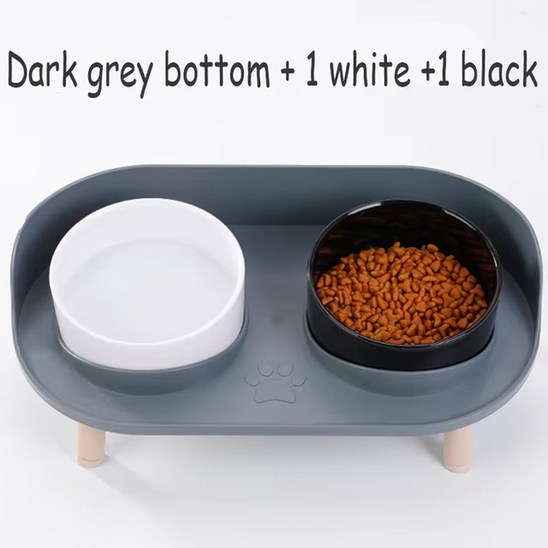 Cat Double Bowl Safety with Wood Stand and Silicone Mat Kitten Puppy Food Water Feeding Elevated Dish Dog Supplies Spill-Proof