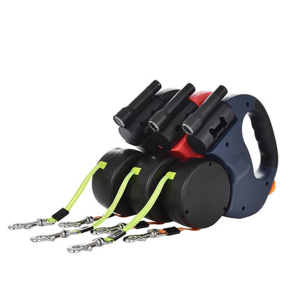 3 Metre Retractable Reflective Dual Dog Leash with Torch and Poop Bag Holder