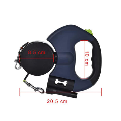 3 Metre Retractable Reflective Dual Dog Leash with Torch and Poop Bag Holder