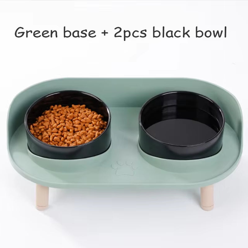 Cat Double Bowl Safety with Wood Stand and Silicone Mat Kitten Puppy Food Water Feeding Elevated Dish Dog Supplies Spill-Proof