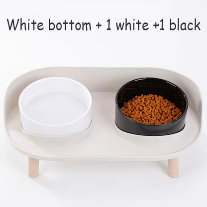 Cat Double Bowl Safety with Wood Stand and Silicone Mat Kitten Puppy Food Water Feeding Elevated Dish Dog Supplies Spill-Proof