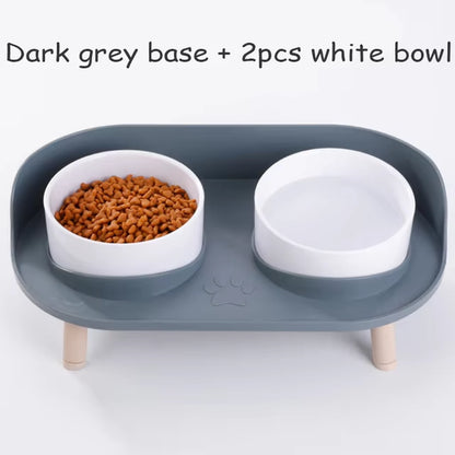 Cat Double Bowl Safety with Wood Stand and Silicone Mat Kitten Puppy Food Water Feeding Elevated Dish Dog Supplies Spill-Proof