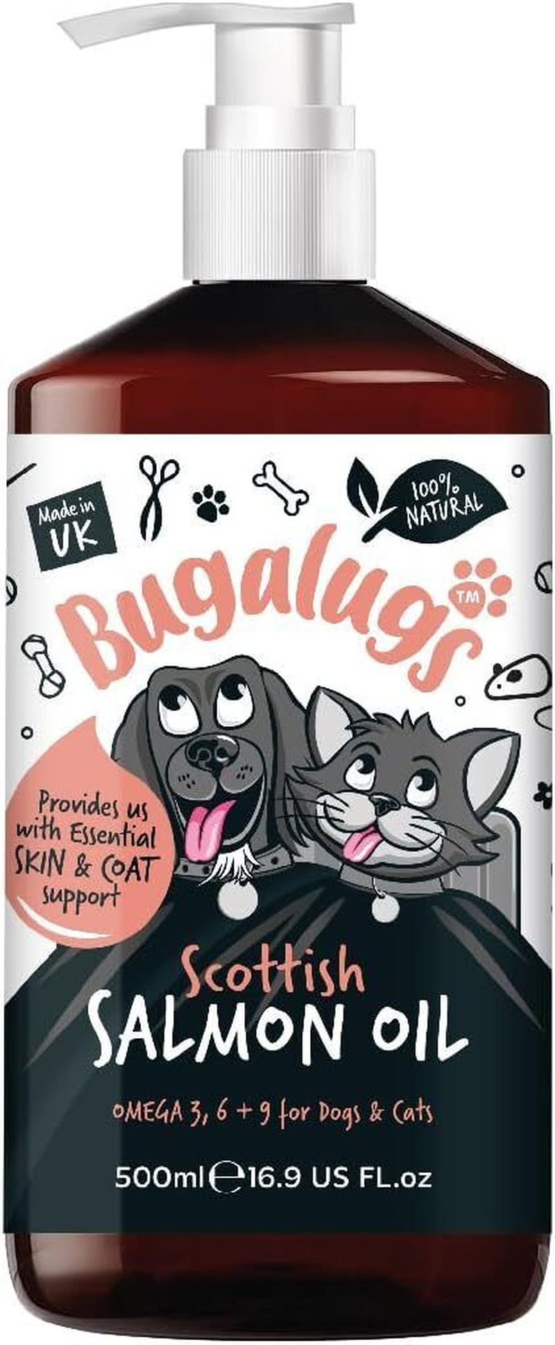 Bugalugs Salmon Oil 500Ml 100% Pure Oil for Dogs, Cats & Ferrets, Omega 3, 6 & 9