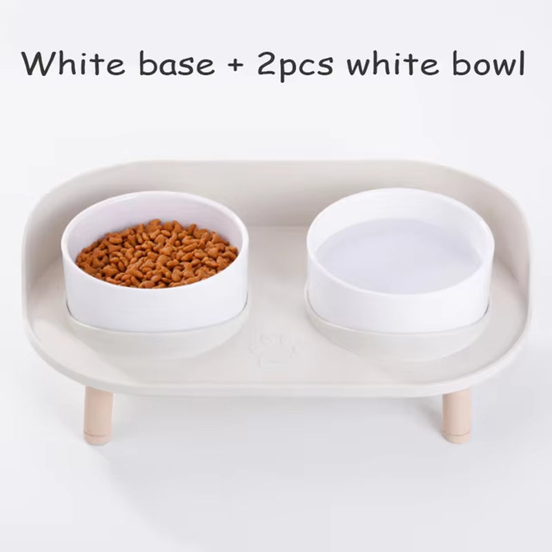 Cat Double Bowl Safety with Wood Stand and Silicone Mat Kitten Puppy Food Water Feeding Elevated Dish Dog Supplies Spill-Proof